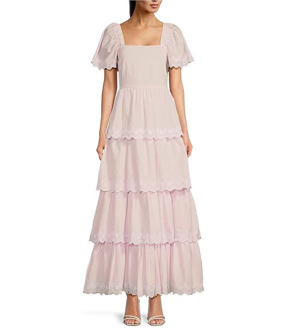 x PALM BEACH LATELY Square Neck Embroidered Scalloped Tiered A-Line Maxi Dress | Dillard's