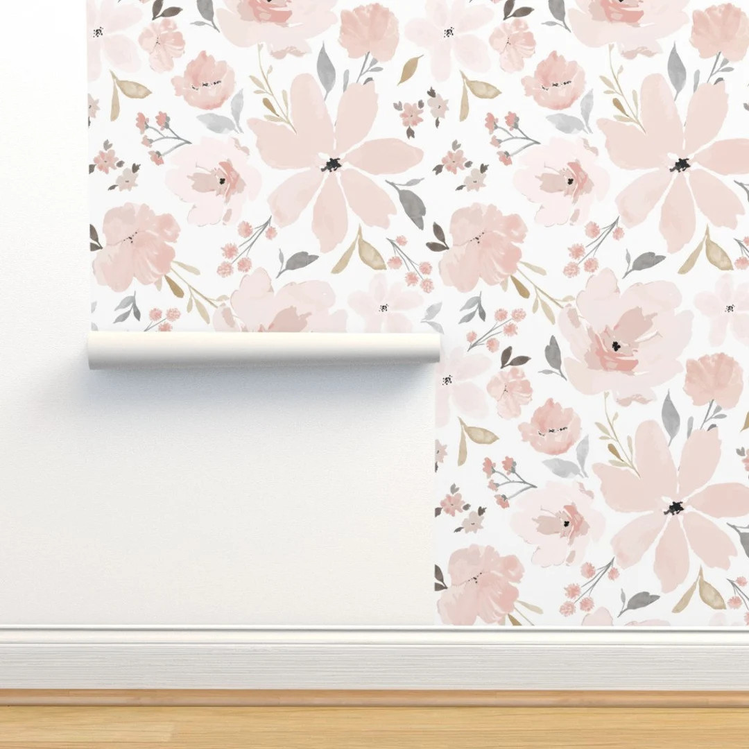 Pastel Floral Wallpaper - Gracie Grace Golden Jumbo by indybloomdesign - Blush Pink Removable Pee... | Etsy (US)