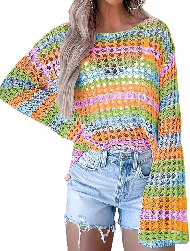 Crochet Tops for Women Spring Summer Boat Neck Rainbow Cover Ups Long Sleeve Knit Beach Top | Amazon (US)
