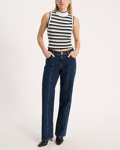 Low Rise Dark Wash Center Seam 50/50 Rigid Stretch Relaxed Straight Jeans | Express