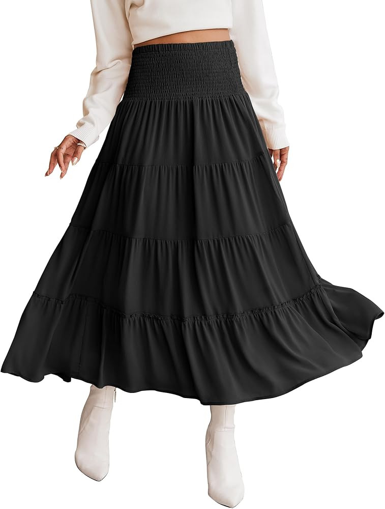Zeagoo Women's Long Maxi Skirts Tiered High Waist Boho Elastic Layered A-Line Casual Midi Dress | Amazon (US)