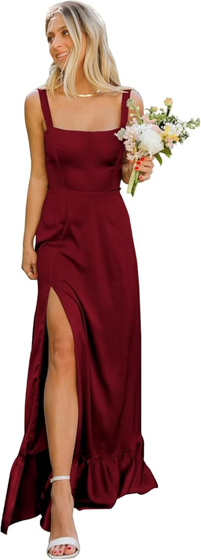 OFEECHUN Satin Bridesmaid Dresses for Women Square Neck Ruffle Evening Formal Gowns with Slit | Amazon (US)