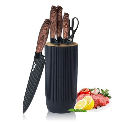 Kitchen Knife Set, Retrosohoo 6-Pieces Black Sharp Knife Set for Kitchen, Non-stick Non-slip Stainless Steel Chef Knife Set with Universal Knife Block Suitable for Home Restaurant(Wood Grain) | Amazon (US)