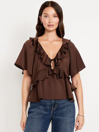 Satin Ruffle Tie-Front Top | Old Navy (US)