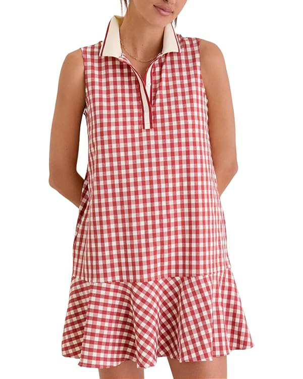 Womens Gingham Polo Dress V Neck Sleeveless Ruffled Hem Mini Dresses Plaid Button Front Tennis Dr... | Amazon (US)