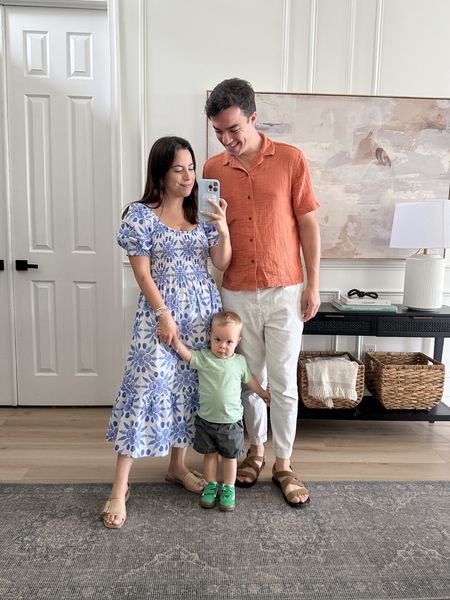 Family outfit idea for Summer! Love this shell print midi dress, wearing size XS. My baby’s green Vans are EVERYTHING and I love my hubby’s orange gauzy shirt.

#LTKstyletip #LTKfamily #LTKunder100