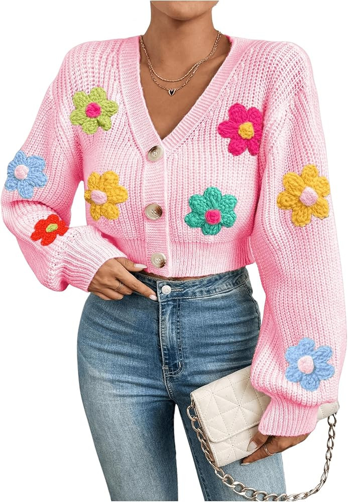 SHENHE Women's Button Down Lantern Sleeve V Neck Knitted Cropped Flower Cardigan Sweater | Amazon (US)
