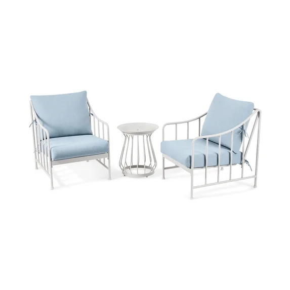 Better Homes & Gardens Aubrey 3-Piece Metal Outdoor Chat Set, White & Blue | Walmart (US)