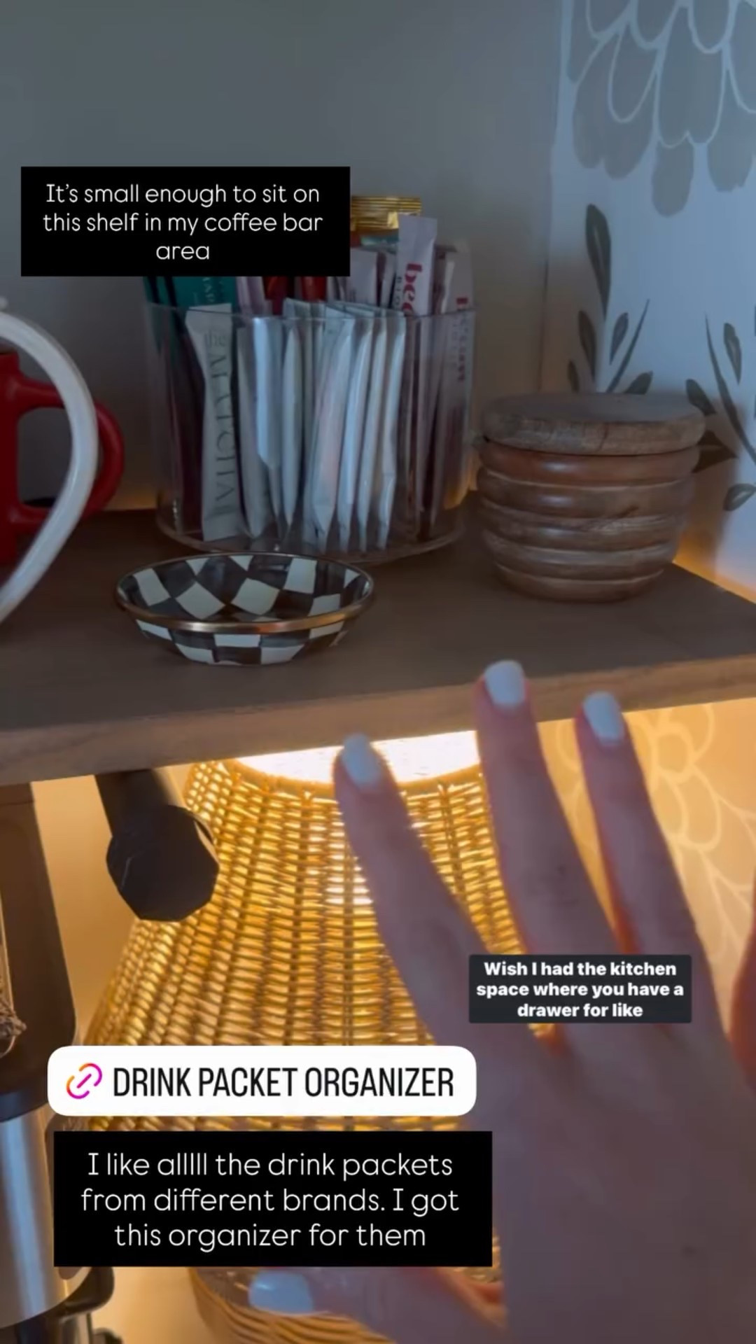 I like alllll the drink packets from different brands. I got this organizer for them  It’s small enough to sit on this shelf in my coffee bar area