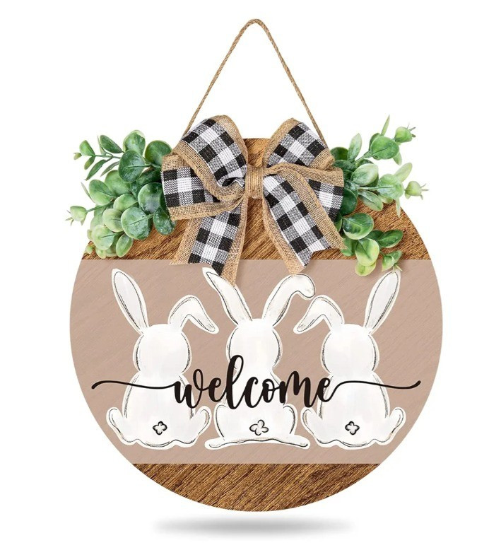 Whaline Easter Wooden Hanging Sign Bunny Rabbit Welcome Sign Door Decoration with Bow Rustic Easter Wood Wreath Sign

#LTKSpringSale #LTKSeasonal #LTKHome