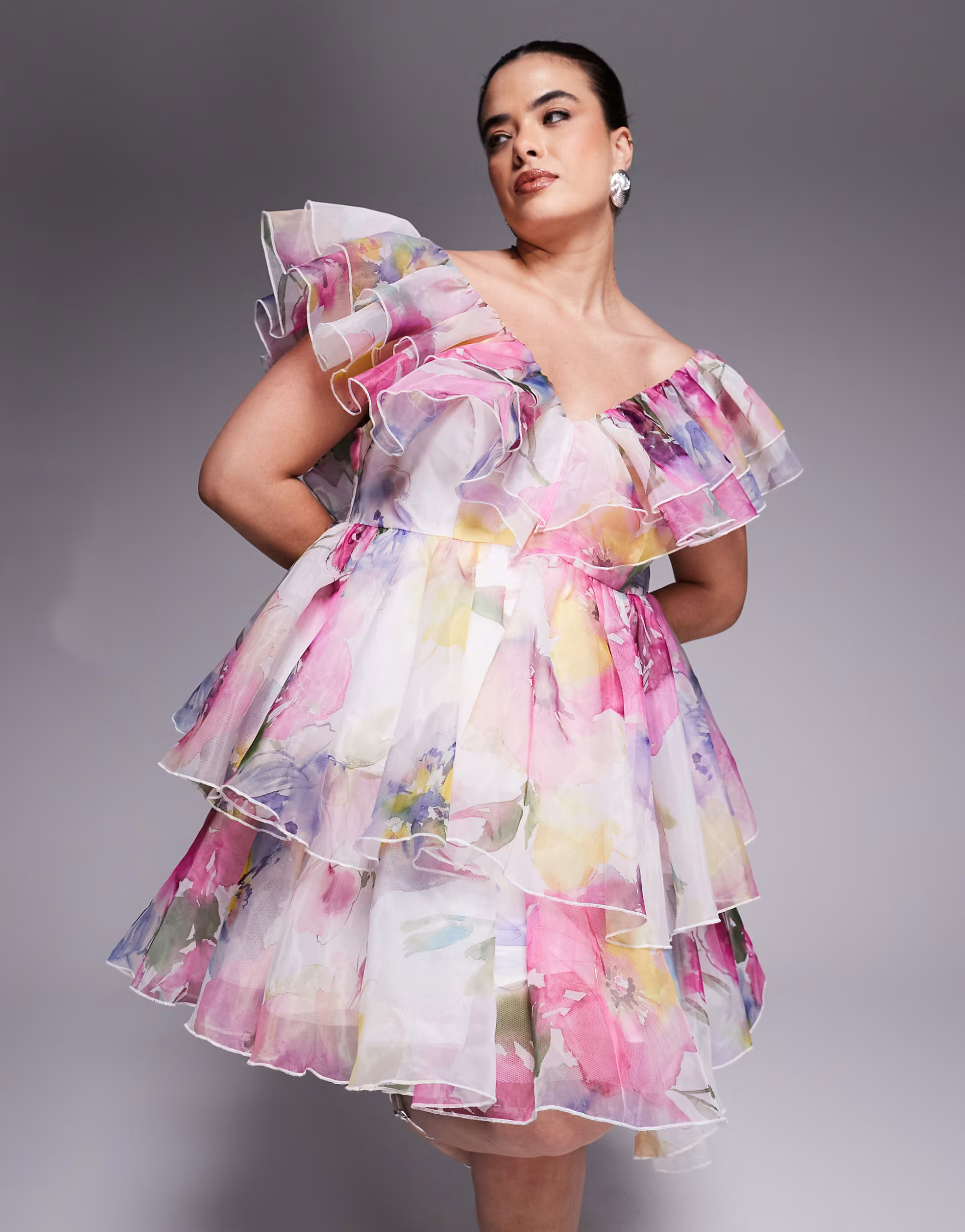 ASOS LUXE Curve organza ruffle baby doll mini dress in blurred floral print | ASOS (Global)