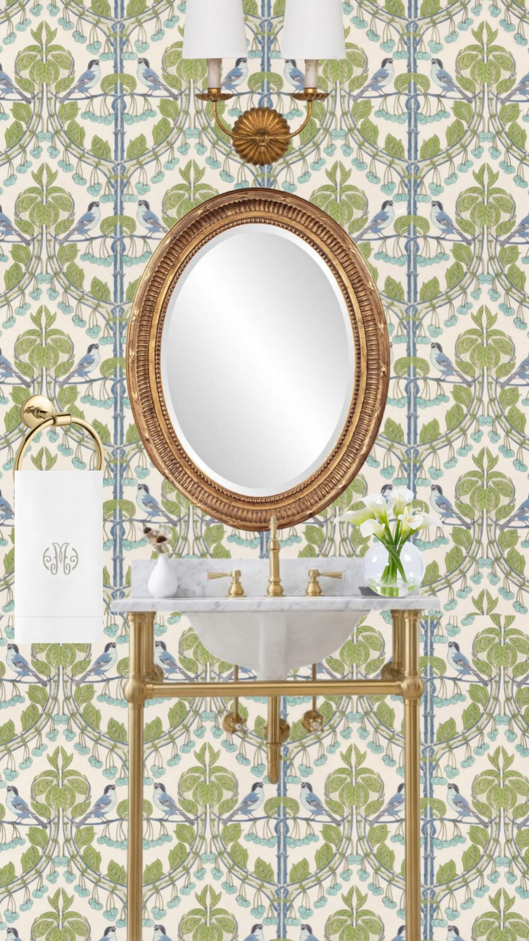 Powder bath dreaming…. 💚
.
.
.
.
Home decor, powder bathroom, bathroom decor, interior decorating, interior design, bathroom mirror brass scones, hand towel, sink, vanity, thibaut wallpaper 

#LTKHome