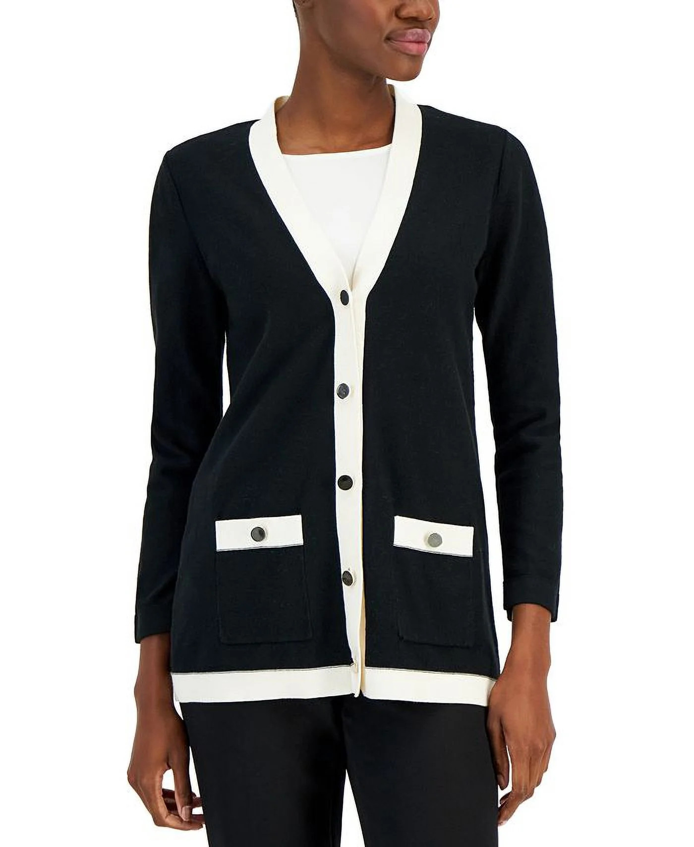 Anne Klein BLACK/WHITE Women's Contrast-Trimmed Cardigan Sweater, US XXS | Walmart (US)