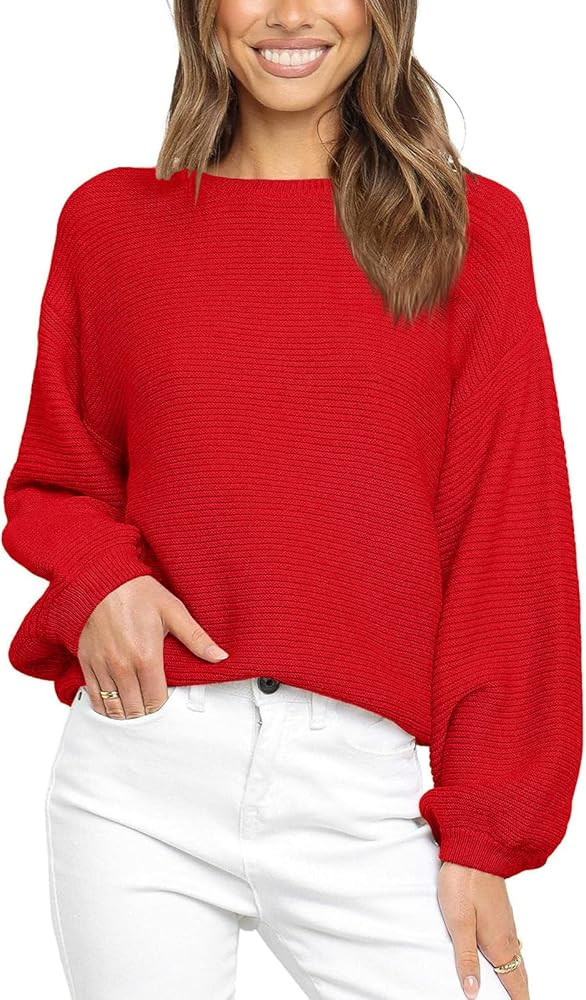 Coololi Women's Puff Sleeve Knit Pullover Ribbed Sweaters Crewneck Oversized Loose Casual Cozy So... | Amazon (US)