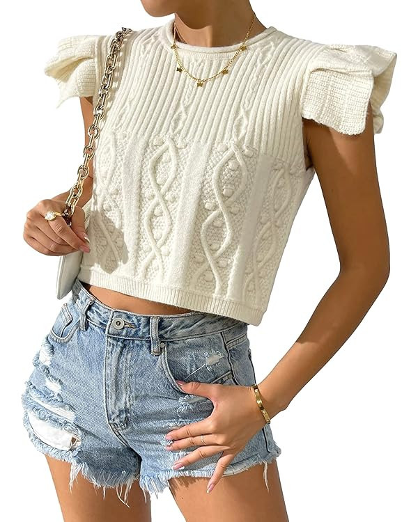 Floerns Women's Rib Knitted Flutter Sleeve Textured Crew Neck Sweater Crop Tank Tops | Amazon (US)
