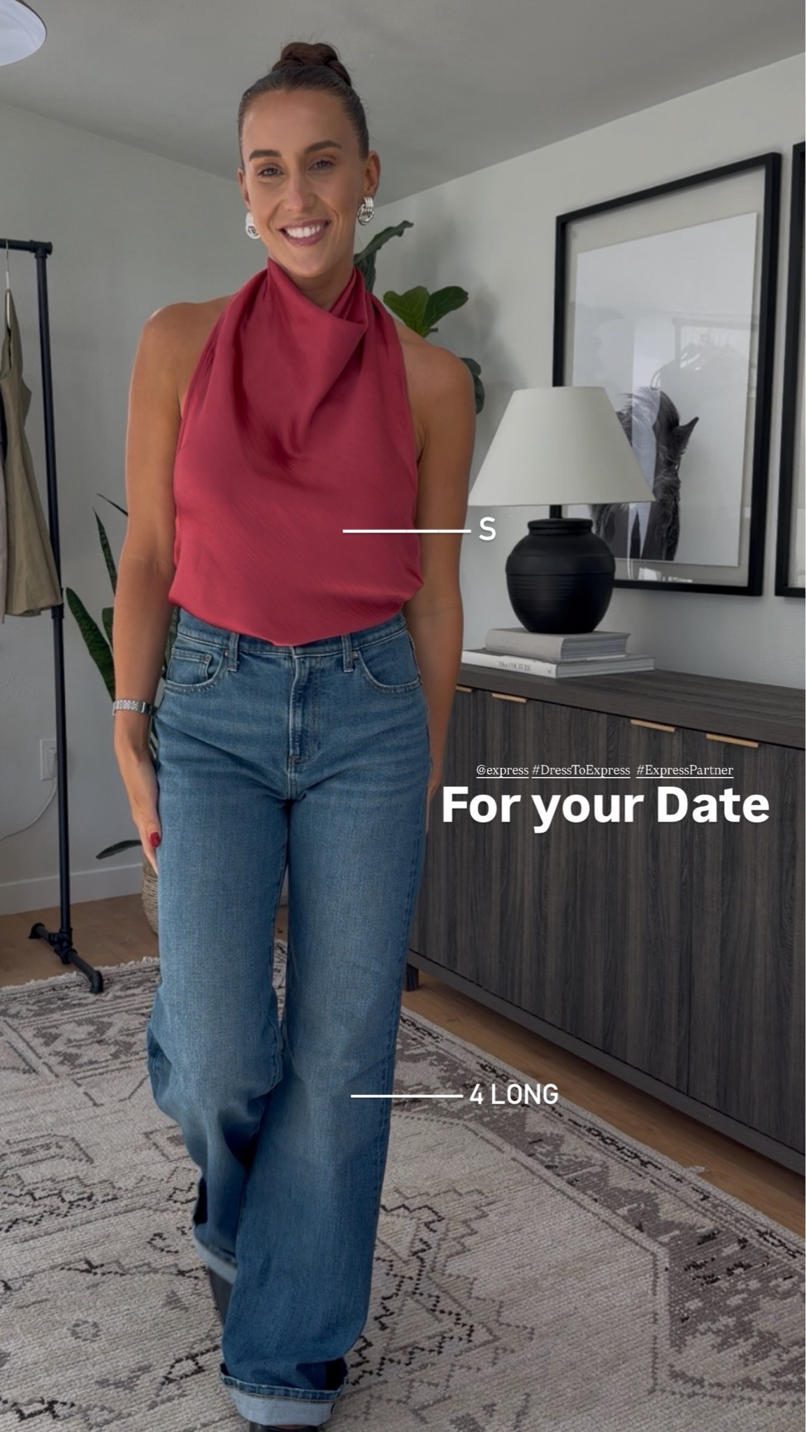 And for date night. Red satin halter, same exact jeans — that’s the whole point. 

The denim doesn’t change, the top does. Small in the top, 4 long in the jeans. 

@Express  #DressToExpress #liketkit

#LTKootd #LTKSeasonal #LTKgrwm