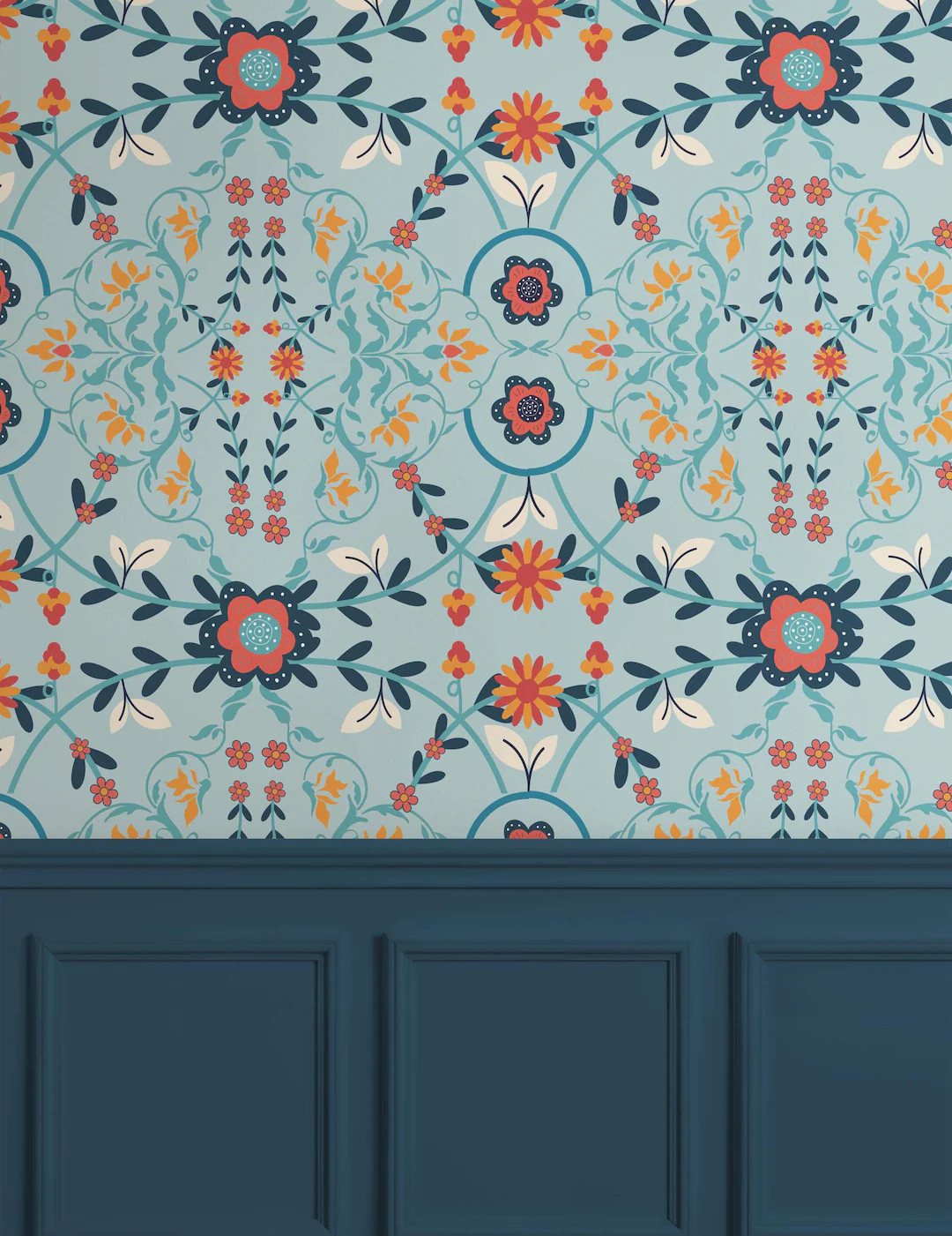 Colorful Maximalist Floral Wallpaper Boho Folk Art Wall Mural Bold Vibrant Blue Orange Botanical ... | Etsy (US)