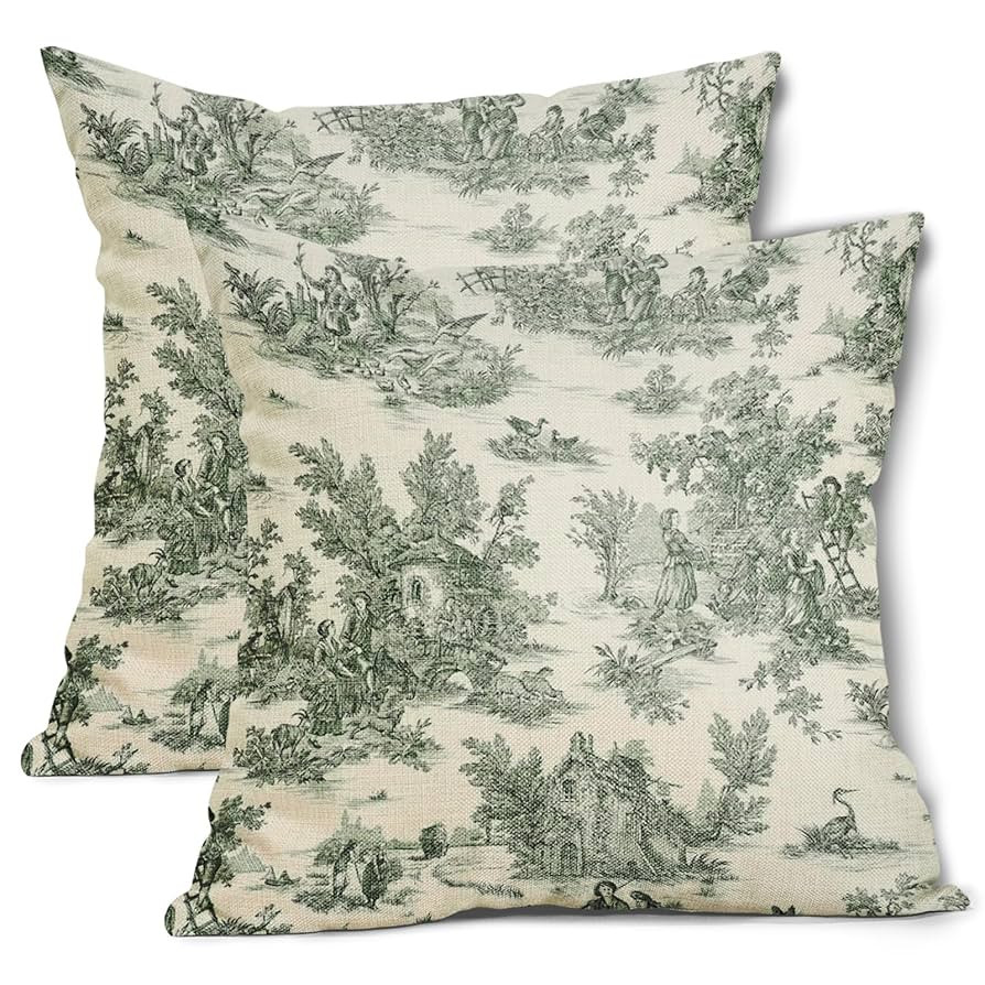 aportt French Country Pillow Covers Set of 2 18x18 Inch Vintage Toile Green Cotton Linen Polyeste... | Amazon (US)