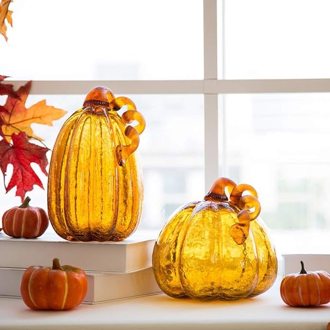glitzhome Hand Blown Amber Crackle Glass Pumpkin Thanksgiving Decorations for Fall & Halloween Ho... | Amazon (US)