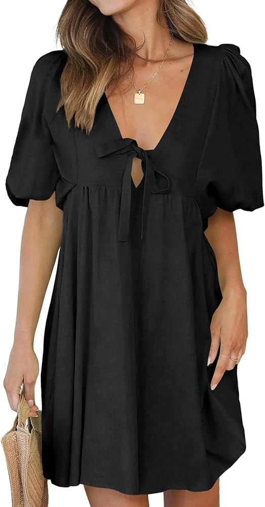 Rooscier Women's Plunging V Neck Tie Front Puff Short Sleeve Ruffle Sexy Mini Dress | Amazon (US)