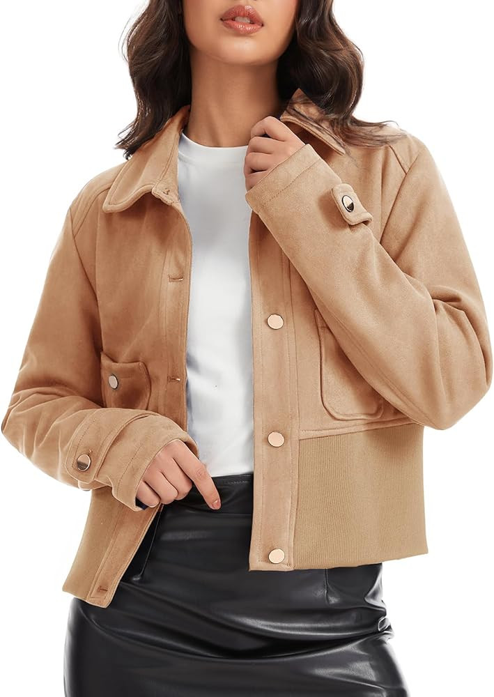 Moreone Women's Faux Suede Cropped Bomber Jacket for Women, Lightweight Button Down Spring Coat w... | Amazon (US)