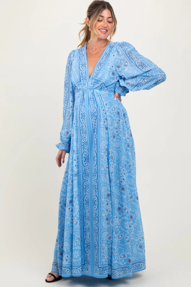 Light Blue Paisley Deep V-Neck Long Sleeve Maternity Maxi Dress | PinkBlush Maternity