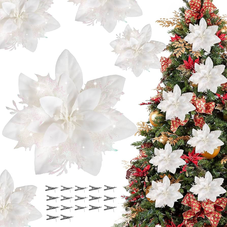 Childom 16 PCS Poinsettia Flower Artificial Poinsettia,Christmas Decorations,White Glitter Poinse... | Amazon (US)