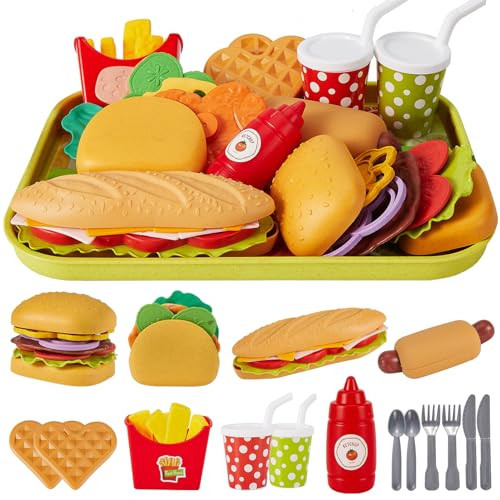 BUYGER Fast Food Play Food Toys for Kids Toddler Children Toy Kitchen Accessories Playset Plastic Toy Food Sets Pretend Play Gifts for 3 4 5+ Years Old | Amazon (US)