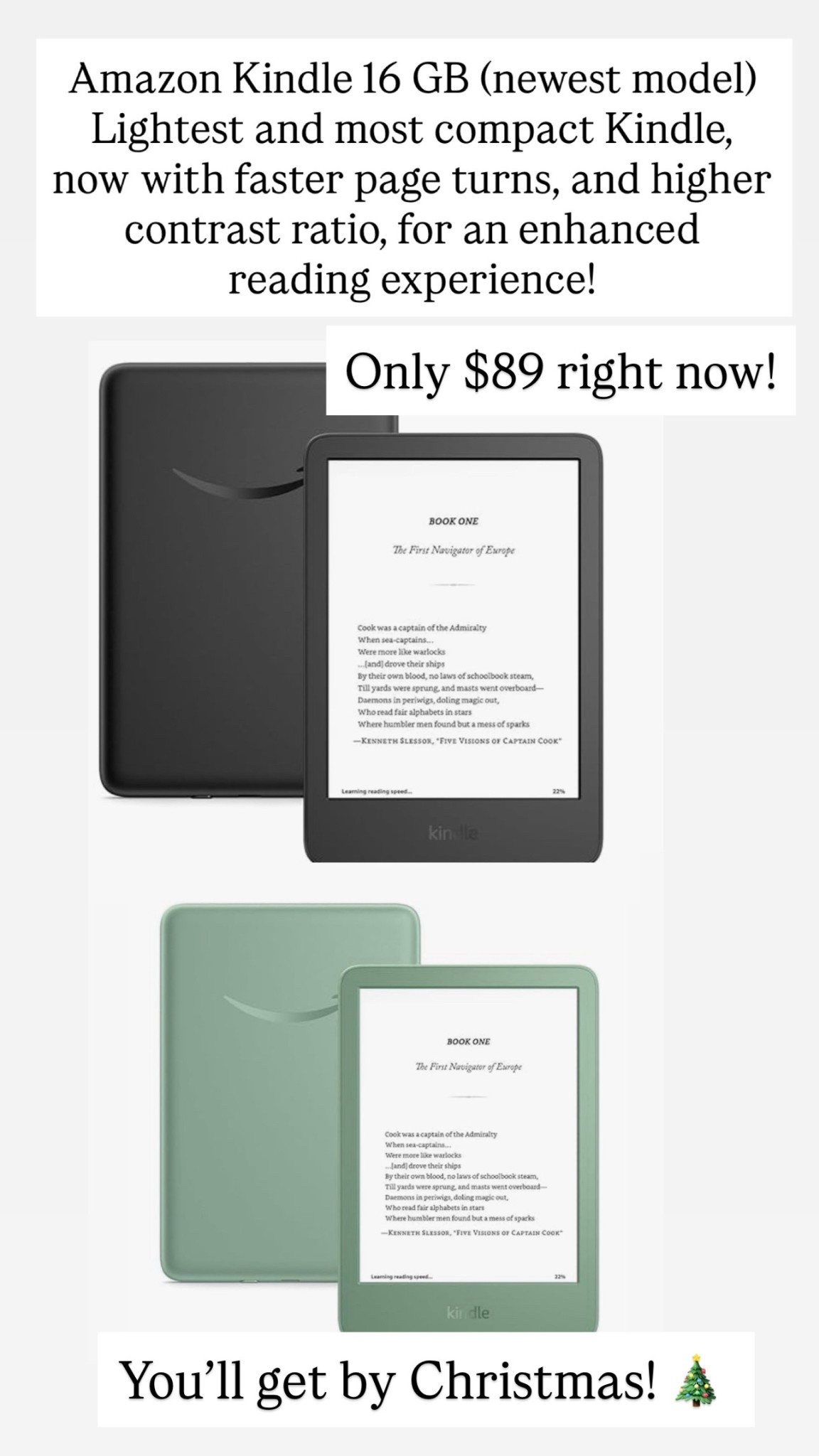Amazon Kindle 16 GB (newest model) - Lightest and most compact Kindle, now with faster page turns, and higher contrast ratio, for an enhanced reading experience! Only $89!

#LTKHoliday #LTKSaleAlert #LTKGiftGuide