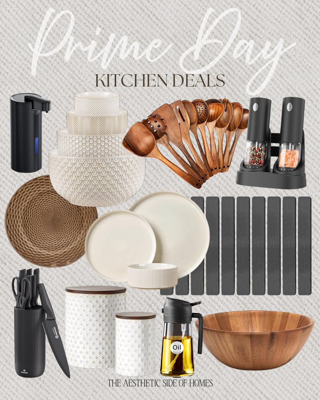 Prime day kitchen deals include utensils, electric salt and pepper grinder, drying stone, mixing bowl set, electric soap dispenser, charger, canisters, knife set, oil dispenser, and dish set.

Home deals, kitchen deals, looks for less, prime day, prime day deals

#LTKSaleAlert #LTKHome #LTKSeasonal