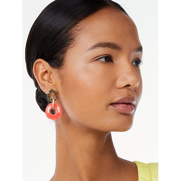 Scoop Women’s 14KT Gold Flash-Plated Hot Coral Resin Double Circle Drop Earrings - Walmart.com | Walmart (US)