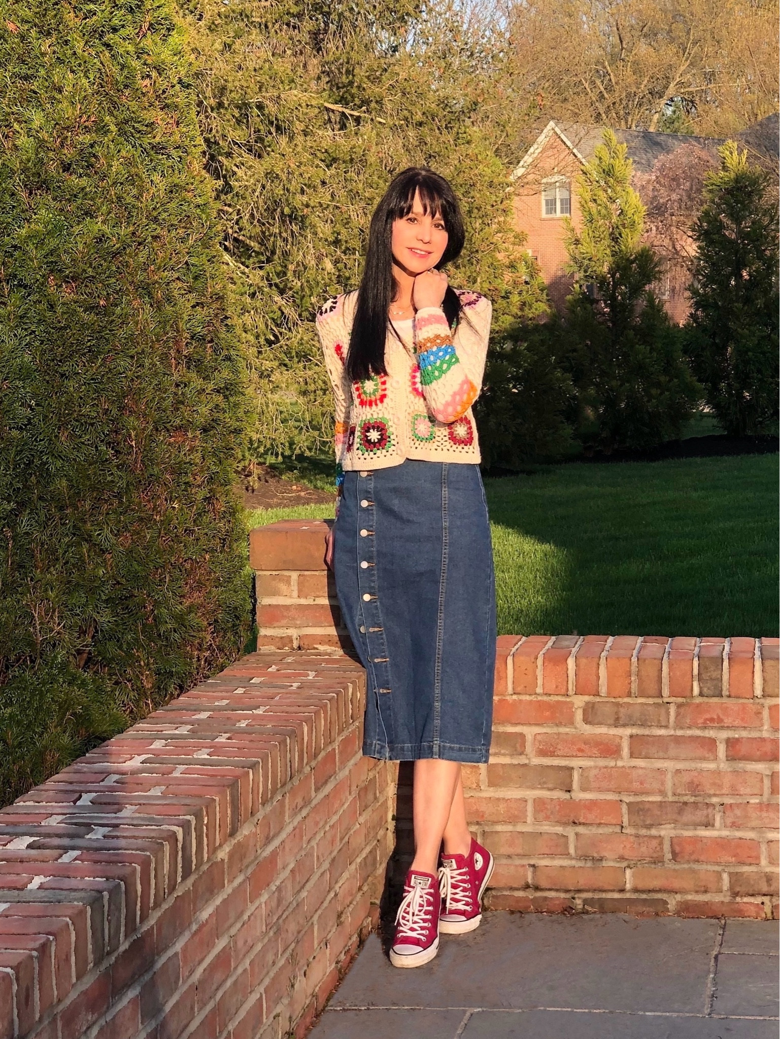 I’m so happy that crocheted clothing continues to be a popular fashion style! The granny square pattern in this cropped cardigan is a classic! The bright colors are perfect for spring! Layering it over a buttery soft long sleeve tee (as I did here) and pairing it with a denim skirt and Converse make this an ideal outfit for this season’s erratic weather!

#LTKSeasonal