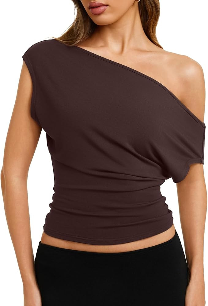 REORIA Womens Cinched Waist Off The Shoulder Tops Cap Sleeve Tee Shirts Casual Loose Summer Outfi... | Amazon (US)