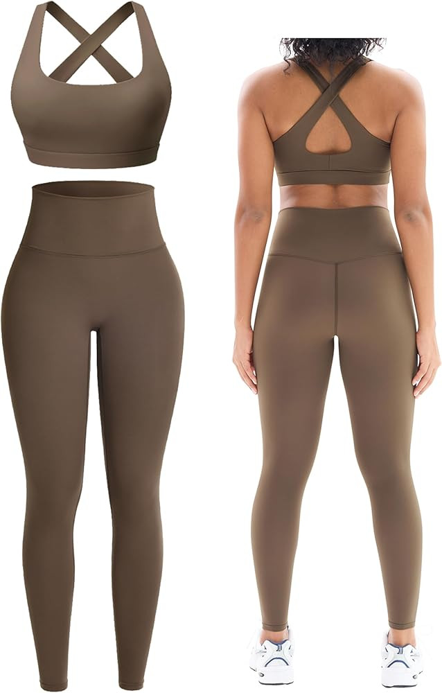 Workout Sets for Women 2 Piece Seamless High-Waisted Leggings & Cross Back Padded Sports Bra for ... | Amazon (US)