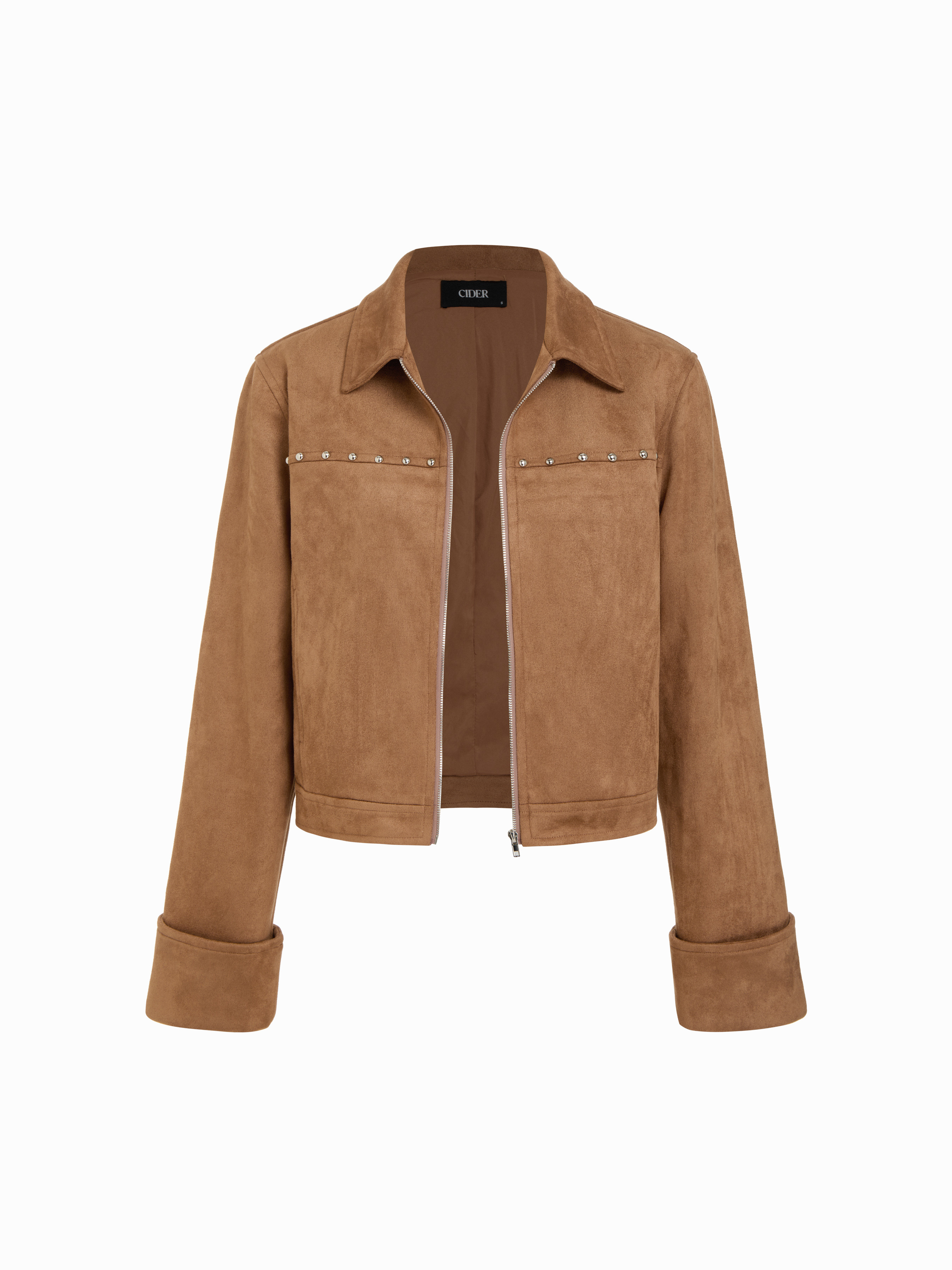 Suede Suede Collar Long Sleeve Zip Through Jacket For Daily Casual | Cider