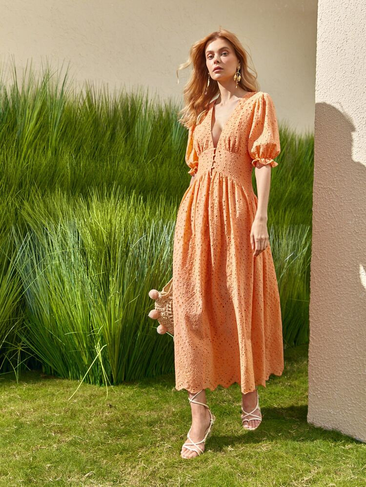 SHEIN Plunging Neck Flounce Sleeve Schiffy Dress | SHEIN