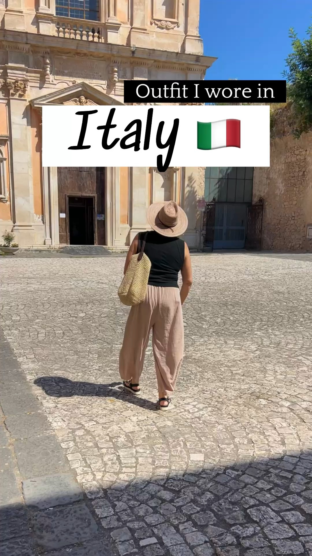 What I wore in Italy! Flowy pants, beautiful ribbed black tank top, straw bag, comfy sandals and a fabulous western style hat. 
#fashionover50 #whatiworeinitaly #

#LTKTravel #LTKOver40