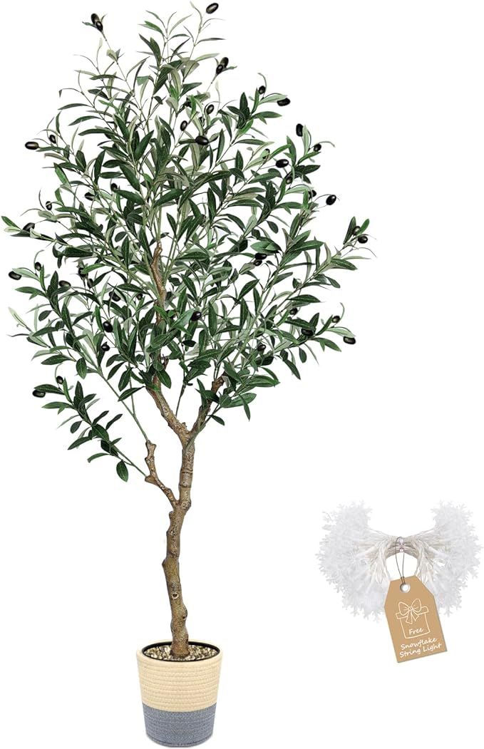 Kayfia Artificial Olive Tree 4.3FT Tall Fake Tree Silk with Rope Woven Basket Free Snowflake Ligh... | Amazon (US)