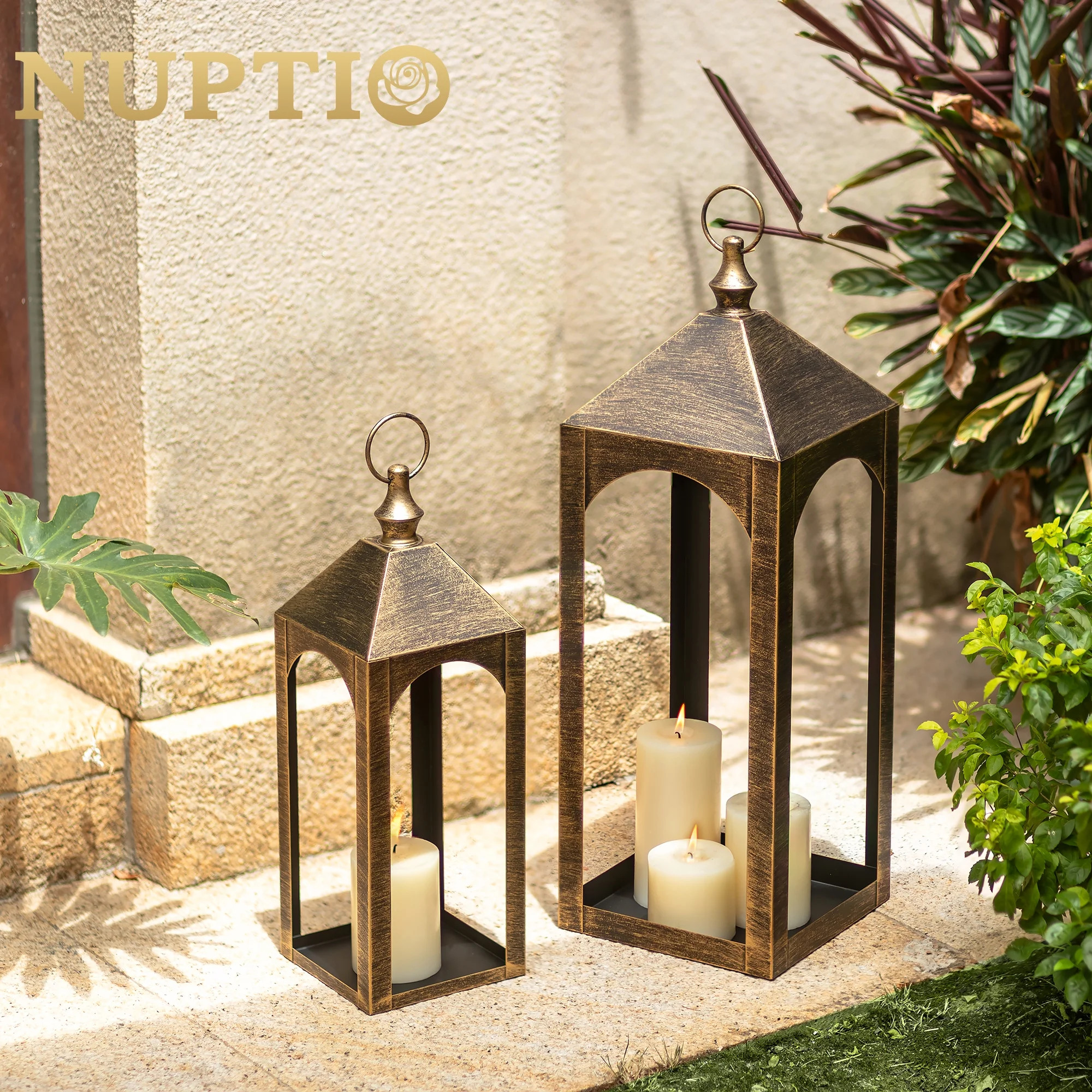 Nuptio Decorative Tall Brass Gold Metal Pillar Candle Holder Lantern, Indoor Outdoor Lanterns for... | Walmart (US)
