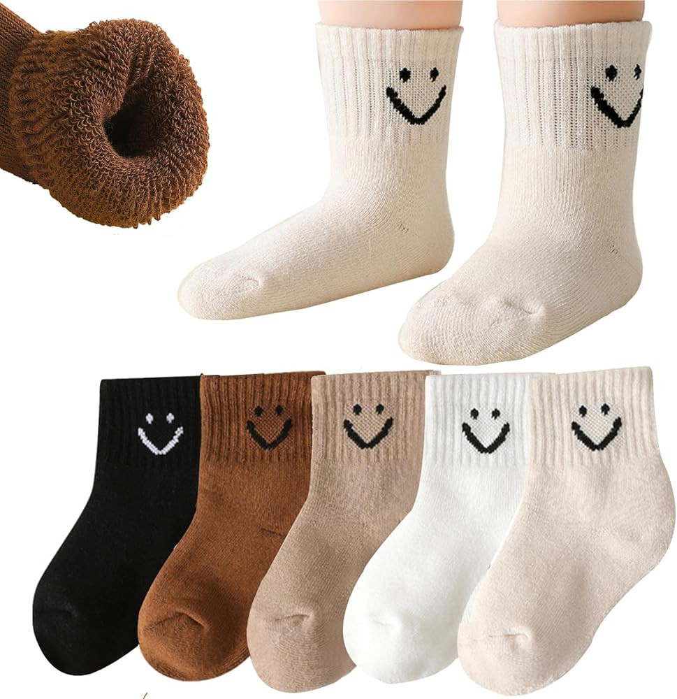 Baby Boys Girls Cute Smiley Face Ankle Toddler Terry Thick Winter Crew Socks Kids, 5 Pairs | Amazon (US)