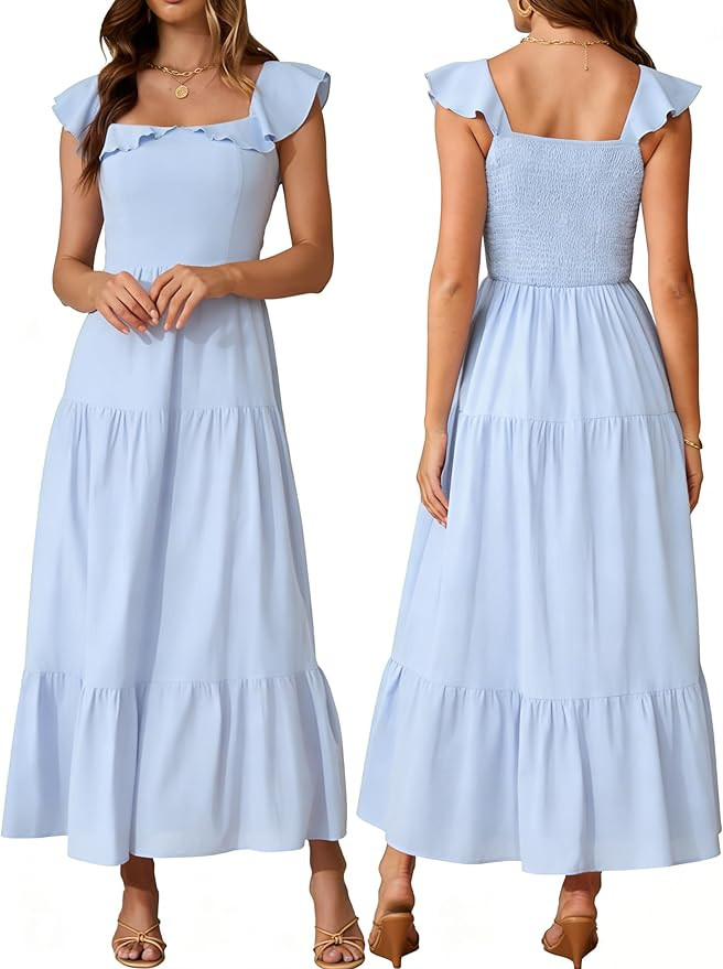 Women's Summer Sleeveless Ruffle Dresses 2026 Square Neck Smocked Backless Boho Flowy Beach A-Lin... | Amazon (US)