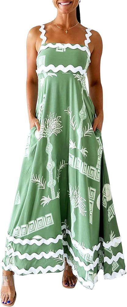 2024 Summer Dress for Women Spaghetti Strap RIC Rac Flowy Maxi Dress Loose Aline Vacation Beach L... | Amazon (US)