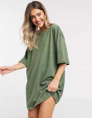ASOS DESIGN oversized t-shirt dress in khaki | ASOS (Global)