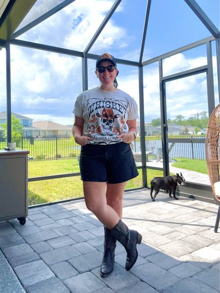 In the end, I chose to pick different pieces from two different looks to create the perfect look for the Luke Combs concert! The tee is from Project Social T, it is an oversized fit, so go with your normal size! Shorts are from Abercrombie and they are my fave! They run TTS and come in a few color option! Hat and boots are from Tecovas and the boots fit TTS! 

#LTKStyleTip #LTKMidsize #LTKFestival