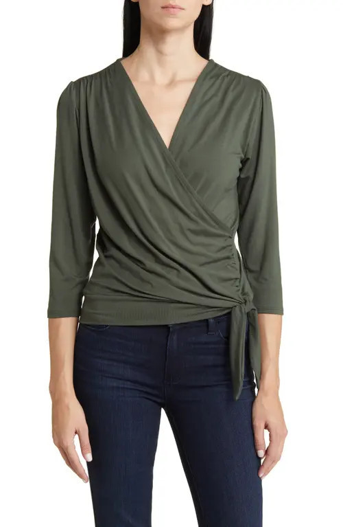 Loveappella Faux Tie Wrap Top in Olive at Nordstrom, Size X-Large | Nordstrom