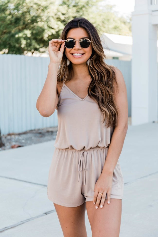 Uptown Girl Romper Taupe | The Pink Lily Boutique