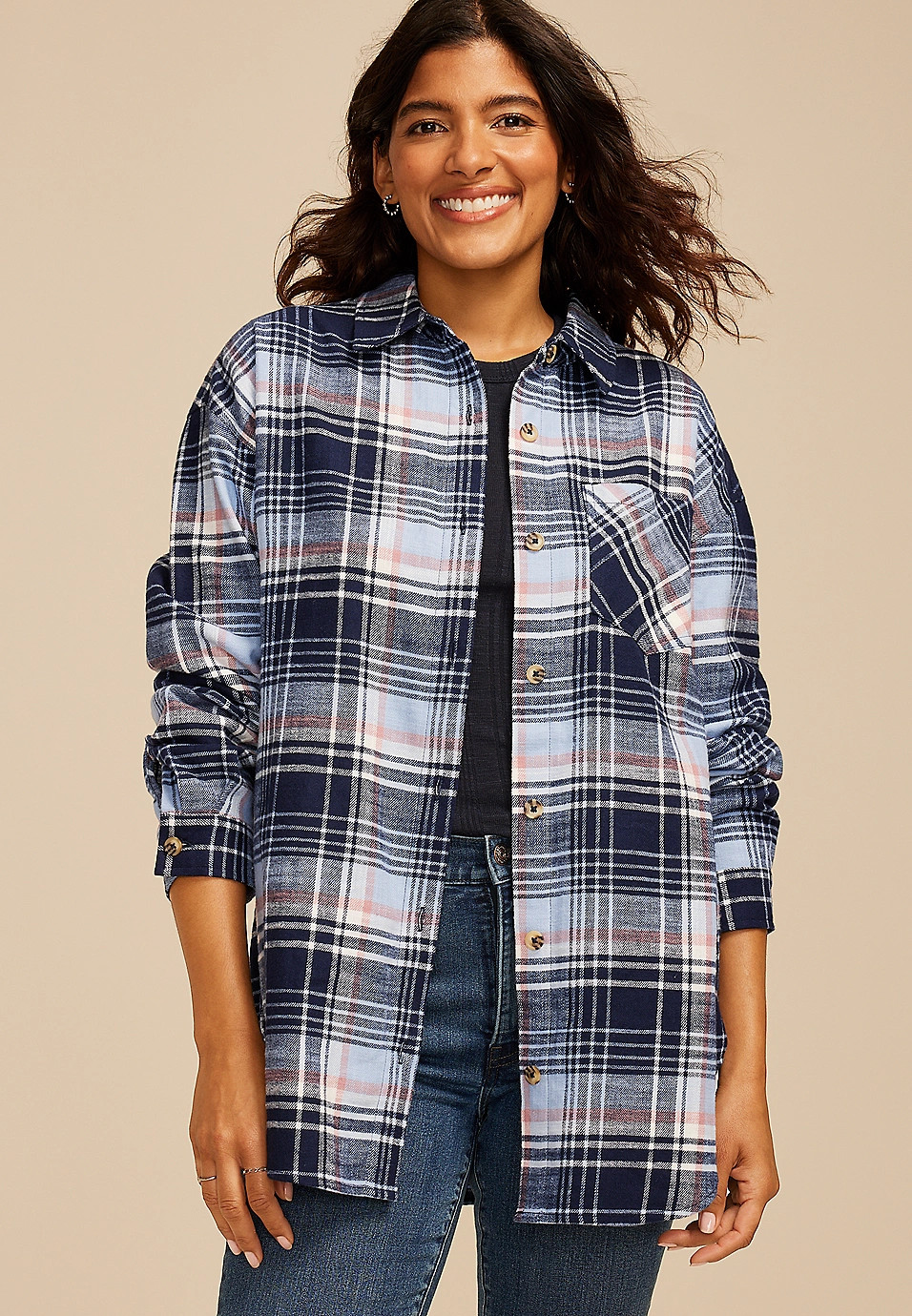 Cabin Plaid Boyfriend Tunic Button Down Shirt | Maurices