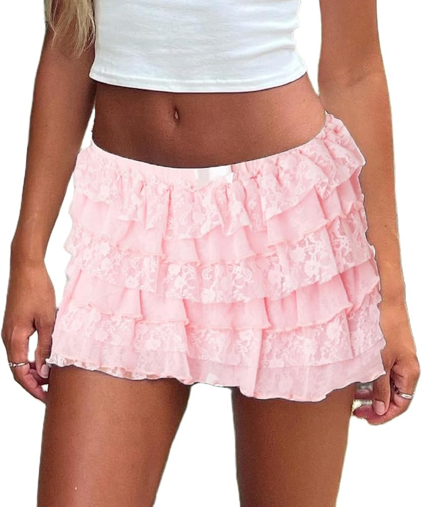 Faretumiya Women Floral Lace Mini Skirt Y2k Sheer Ruffle Hem Bodycon Short Skirt Fairycore Layere... | Amazon (US)