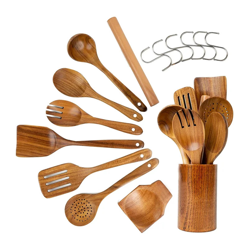 Wooden Spoons for Cooking Utensils Set -9 Pcs Teak Nonstick Kitchen Utensil Set - Wooden Serving ... | Walmart (US)