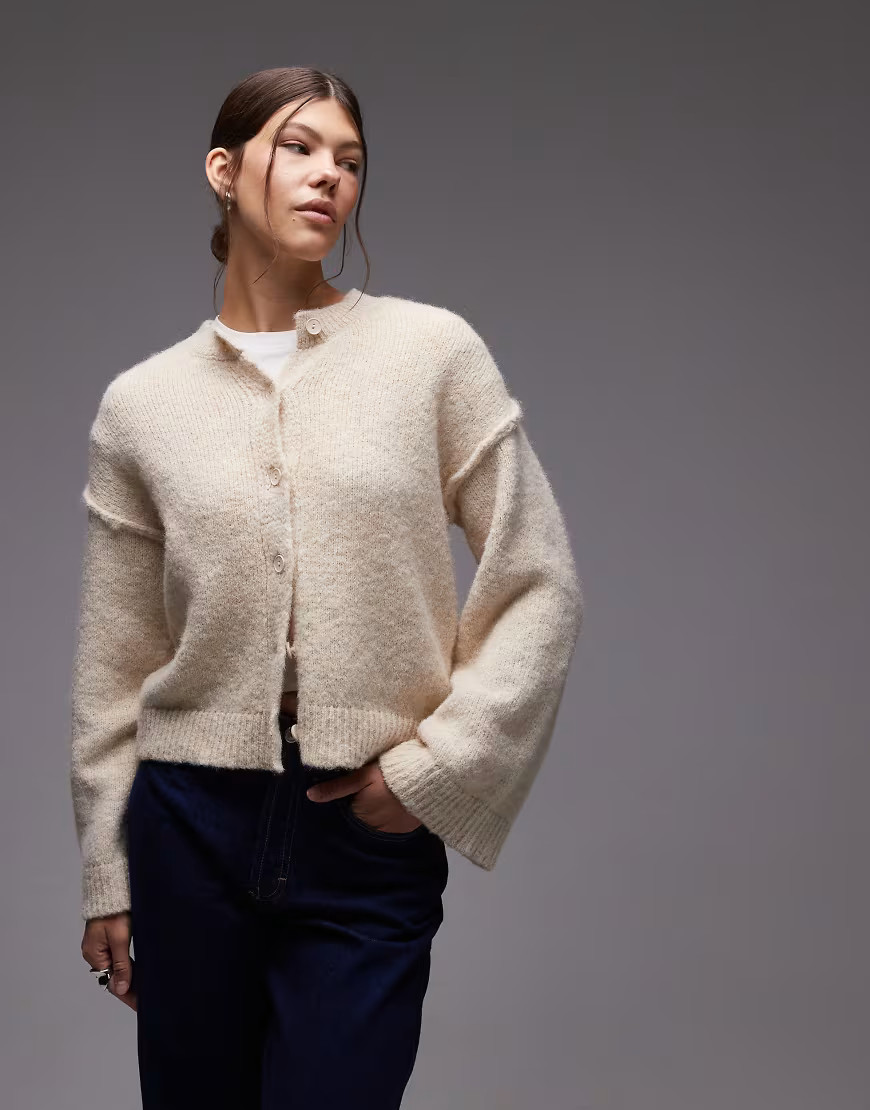 ASOS DESIGN knit cardigan with exposed seams with wool in cream-White | ASOS (Global)